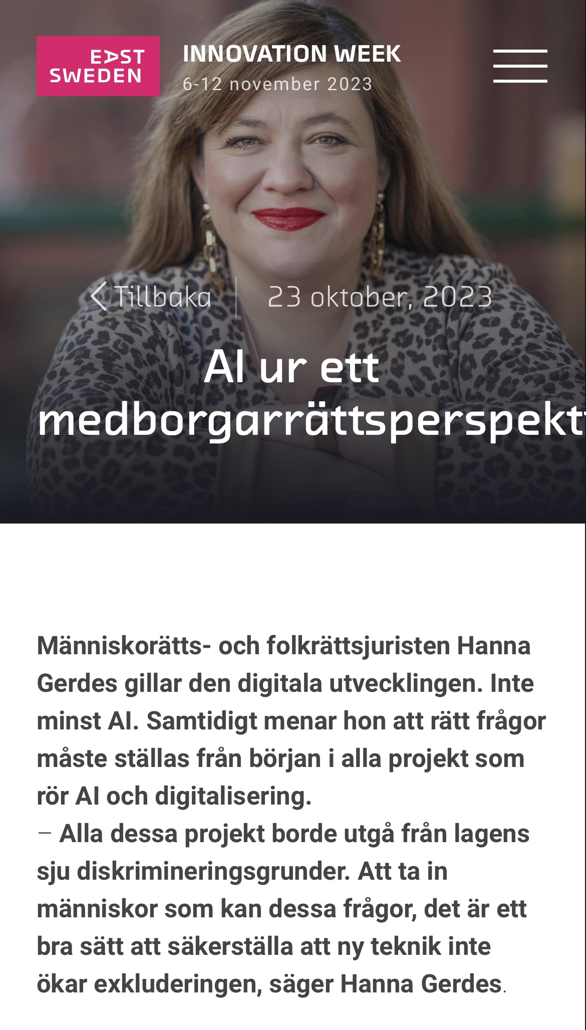 Hanna Gerdes en av huvudtalarna på East Sweden Innovation Week den 9 november